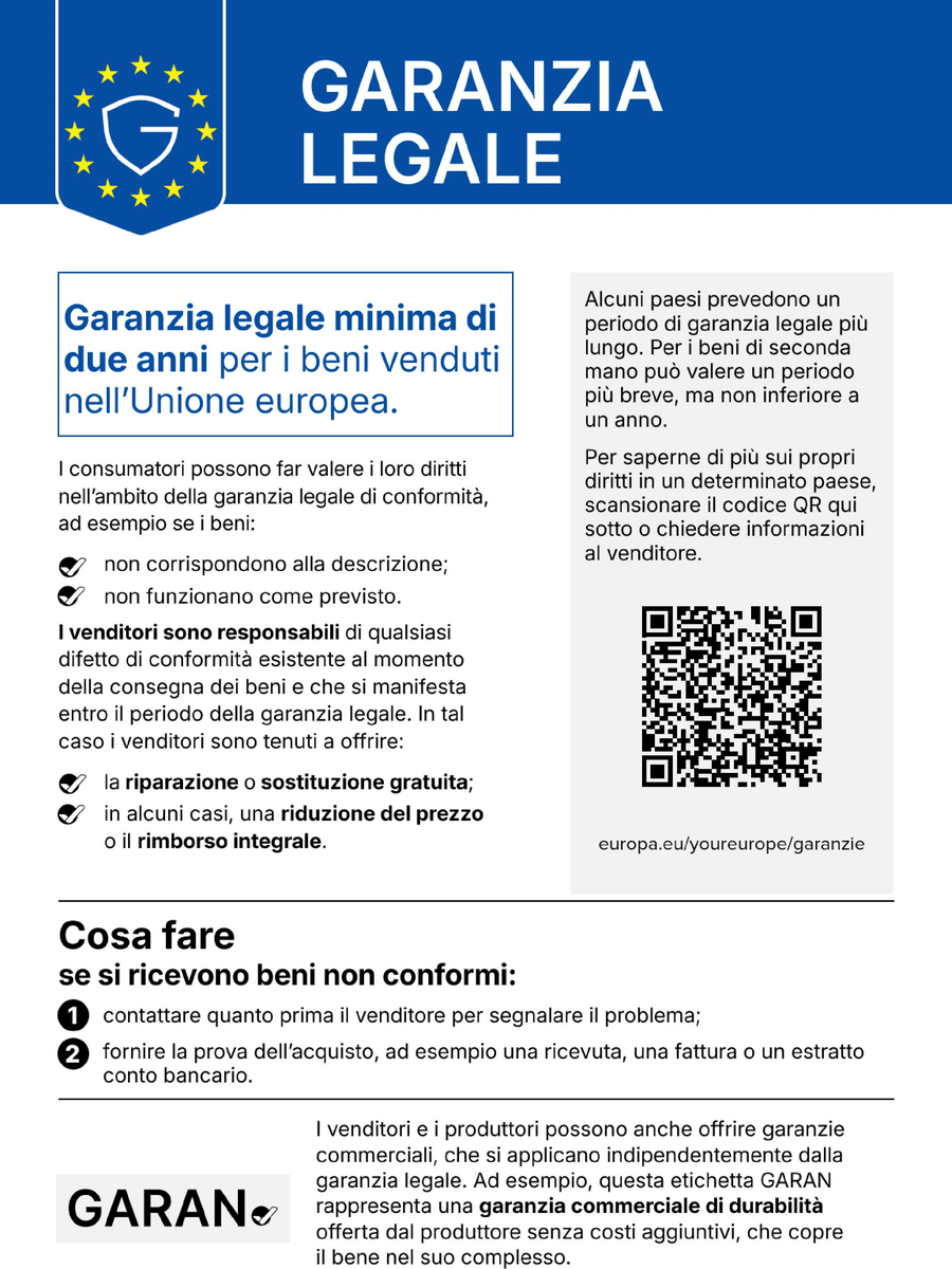 Avviso sulla garanzia legale di conformita': garanzia legale minima di due anni per i beni venduti nell'Unione europea. I venditori sono responsabili dei difetti di conformita' presenti alla consegna e che si manifestano entro il periodo di garanzia, e devono offrire riparazione o sostituzione gratuita e, in alcuni casi, riduzione del prezzo o rimborso integrale.