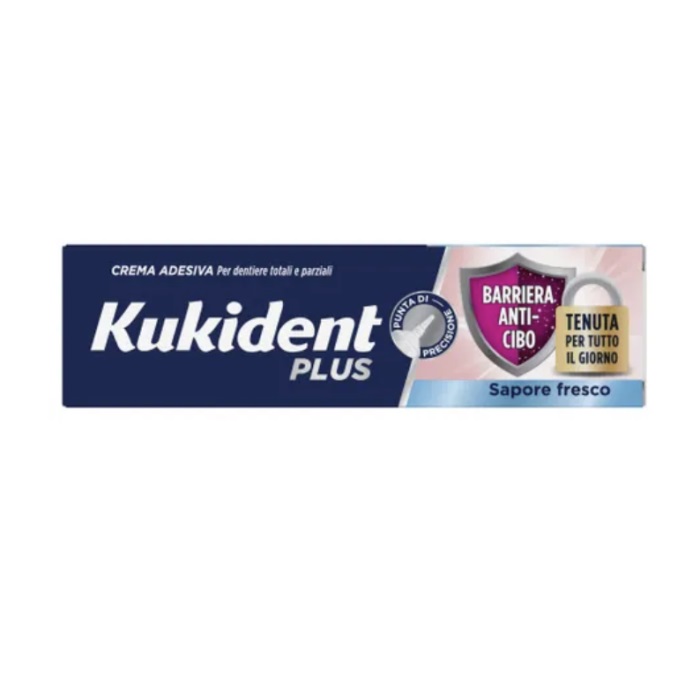 Kukident Plus Barriera anti-cibo sapore fresco punta di precisione Crema Adesiva per Dentiere 40g