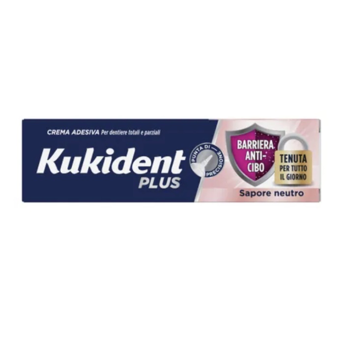 kukident Plus Barriera anti-cibo sapore neutro punta di precisione crema adesiva per protesi dentali 40g