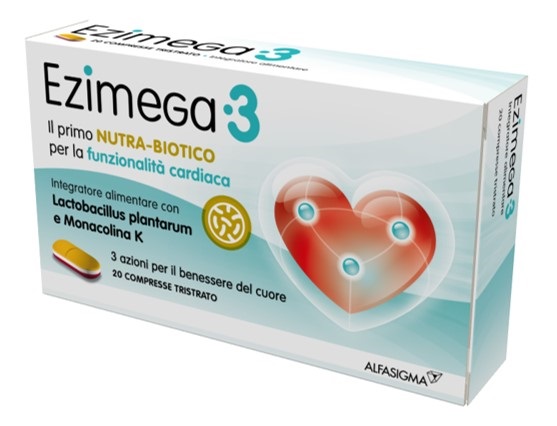 Ezimega3 per funzionalita' cardiaca con Monacolina , Lactobacillus plantarum, Resveratrolo, Coenxima Q10 e Acido Folico