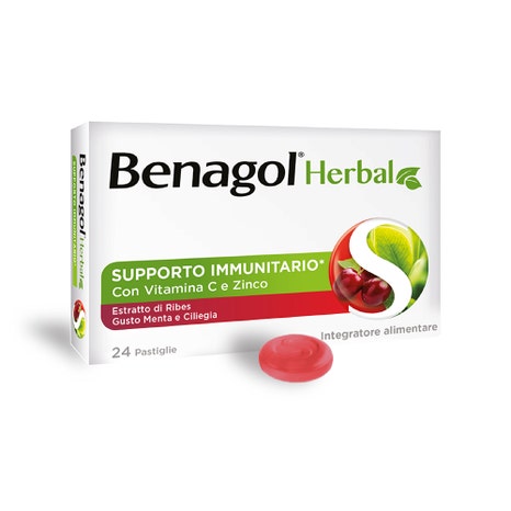 Benagol Herbal Supporto Immunitario Integratore Gusto Menta e Ciliegia 24 Pastiglie