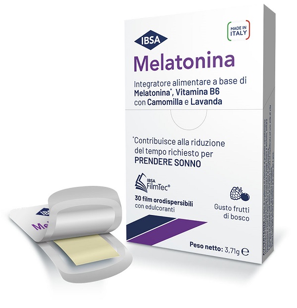 Ibsa Melatonina 30 film orodispersibili con melatonina,vitamina B6, camomilla e lavanda Gusto Frutti di Bosco