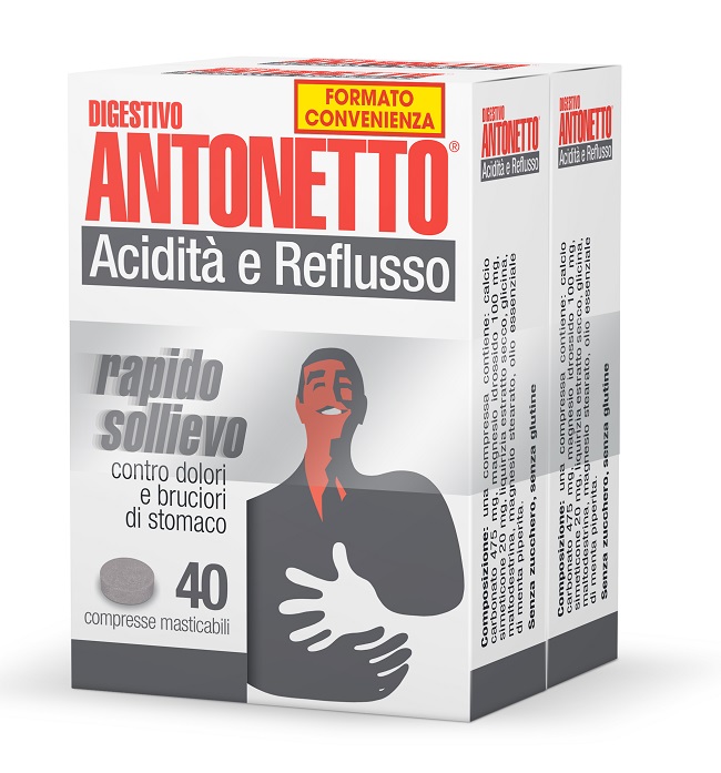 Digestivo Antonetto acidita' e reflusso formato doppio 2 scatole 80 compresse masticabili